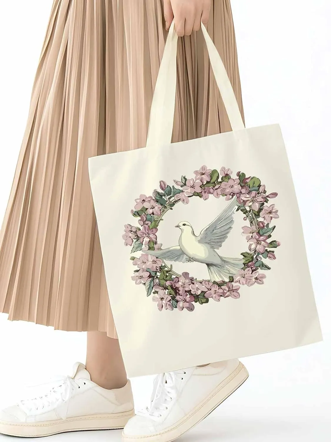 Canvas Tote Bag, Watercolors Garland Pigeons Aesthetic Canvas Tote Handbags for Women Shoulder Bag