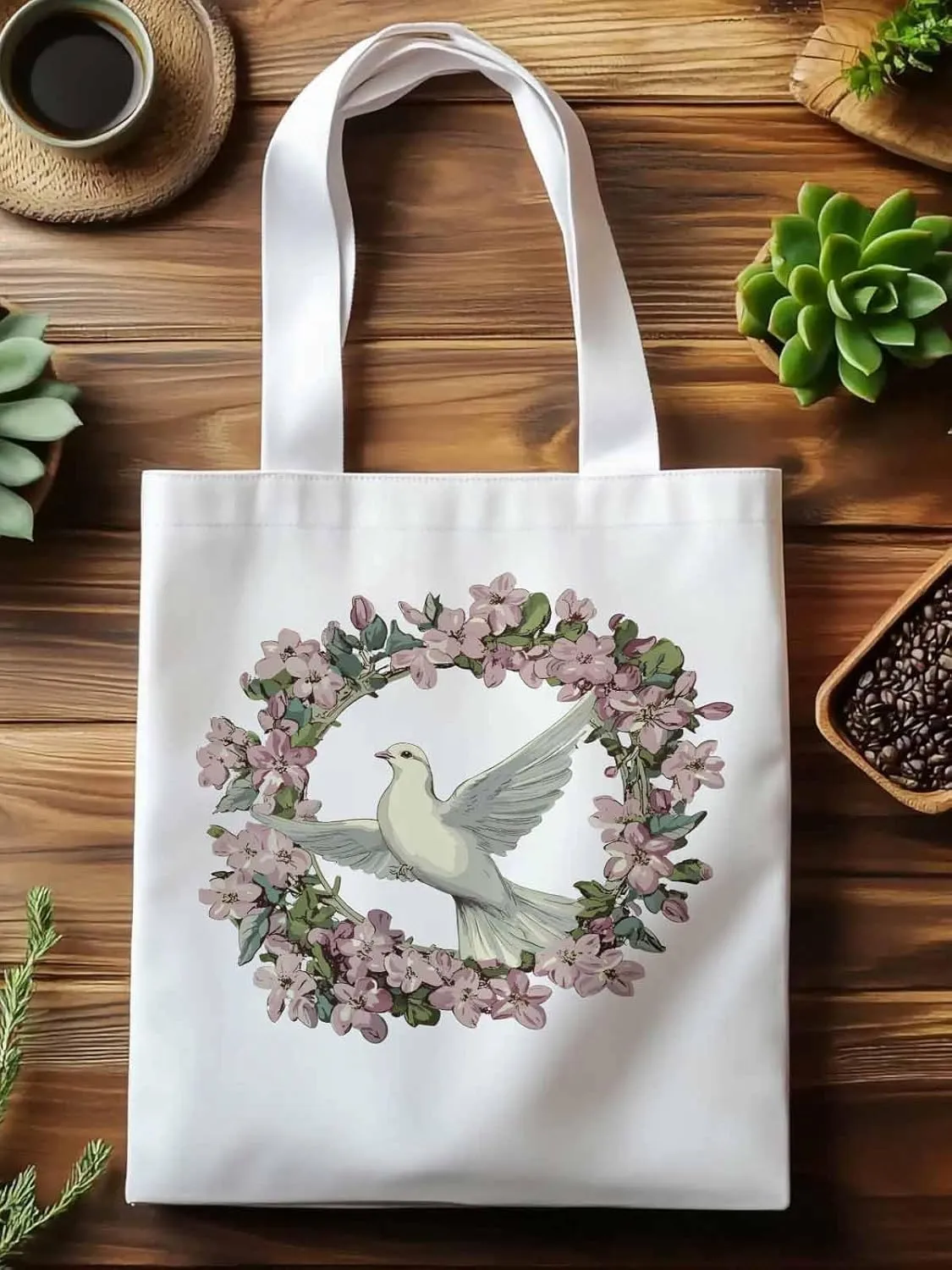 Canvas Tote Bag, Watercolors Garland Pigeons Aesthetic Canvas Tote Handbags for Women Shoulder Bag