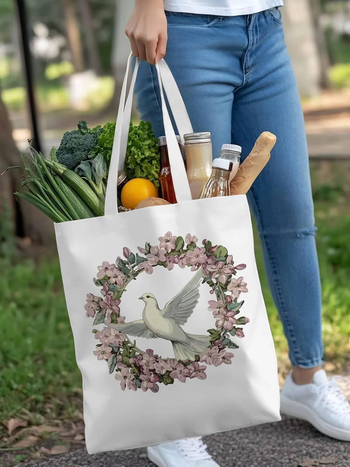 Canvas Tote Bag, Watercolors Garland Pigeons Aesthetic Canvas Tote Handbags for Women Shoulder Bag