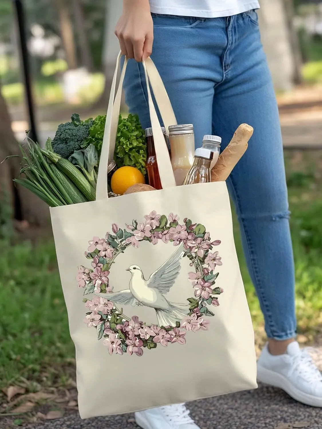 Canvas Tote Bag, Watercolors Garland Pigeons Aesthetic Canvas Tote Handbags for Women Shoulder Bag