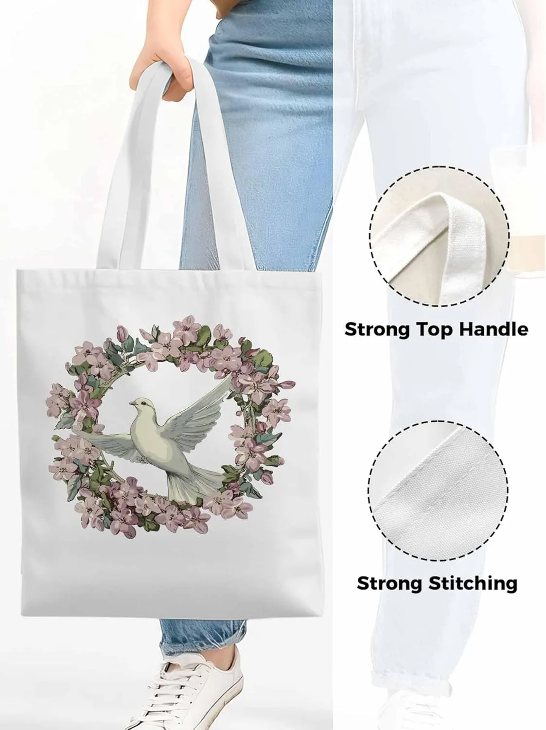 Canvas Tote Bag, Watercolors Garland Pigeons Aesthetic Canvas Tote Handbags for Women Shoulder Bag