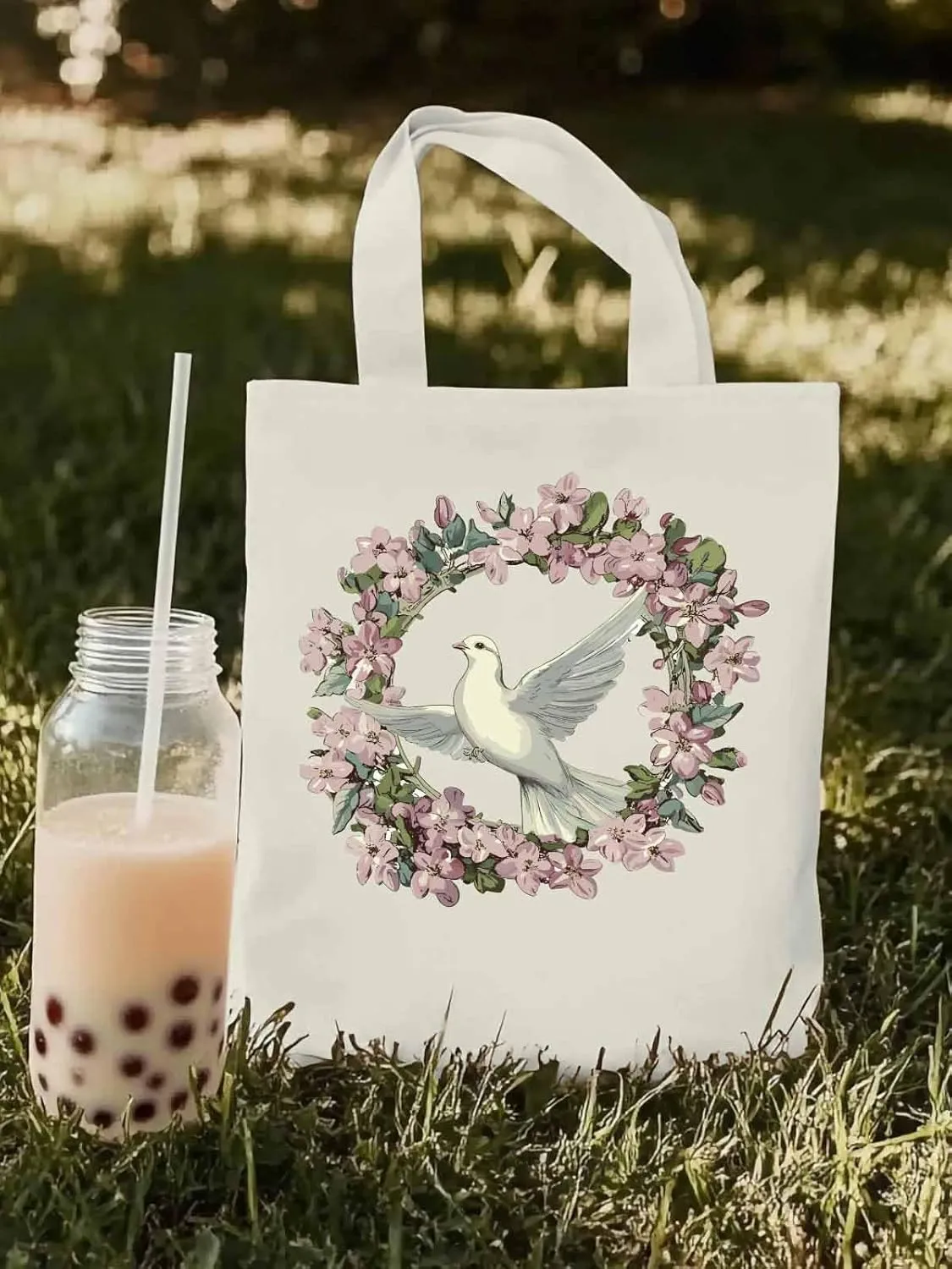 Canvas Tote Bag, Watercolors Garland Pigeons Aesthetic Canvas Tote Handbags for Women Shoulder Bag
