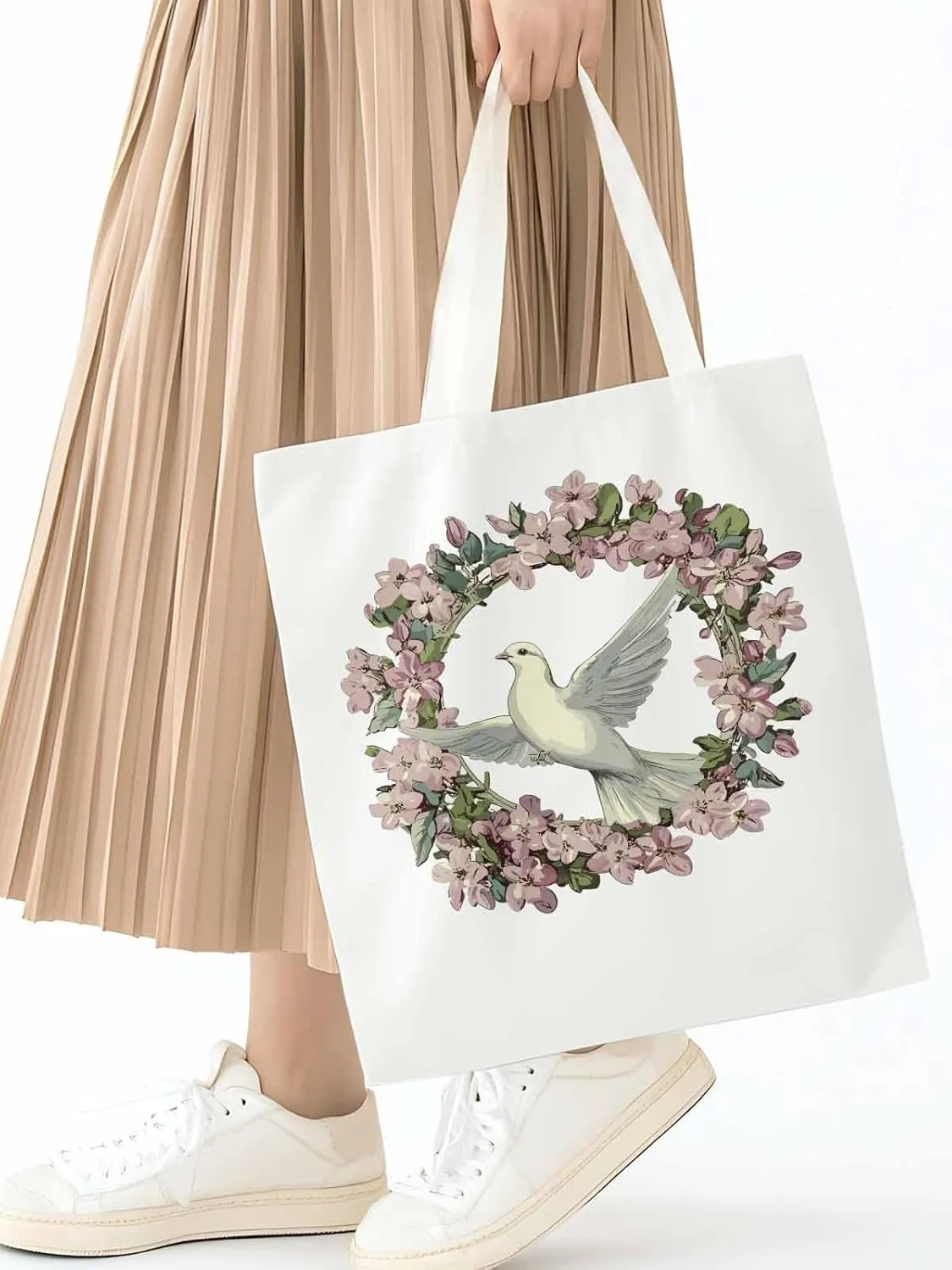 Canvas Tote Bag, Watercolors Garland Pigeons Aesthetic Canvas Tote Handbags for Women Shoulder Bag