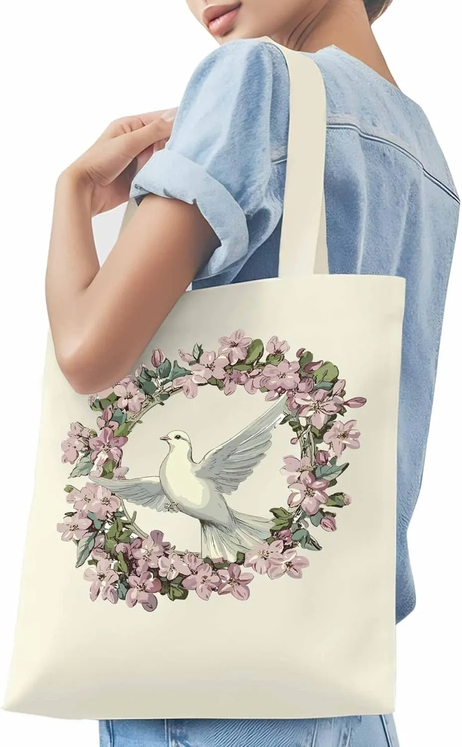 Canvas Tote Bag, Watercolors Garland Pigeons Aesthetic Canvas Tote Handbags for Women Shoulder Bag