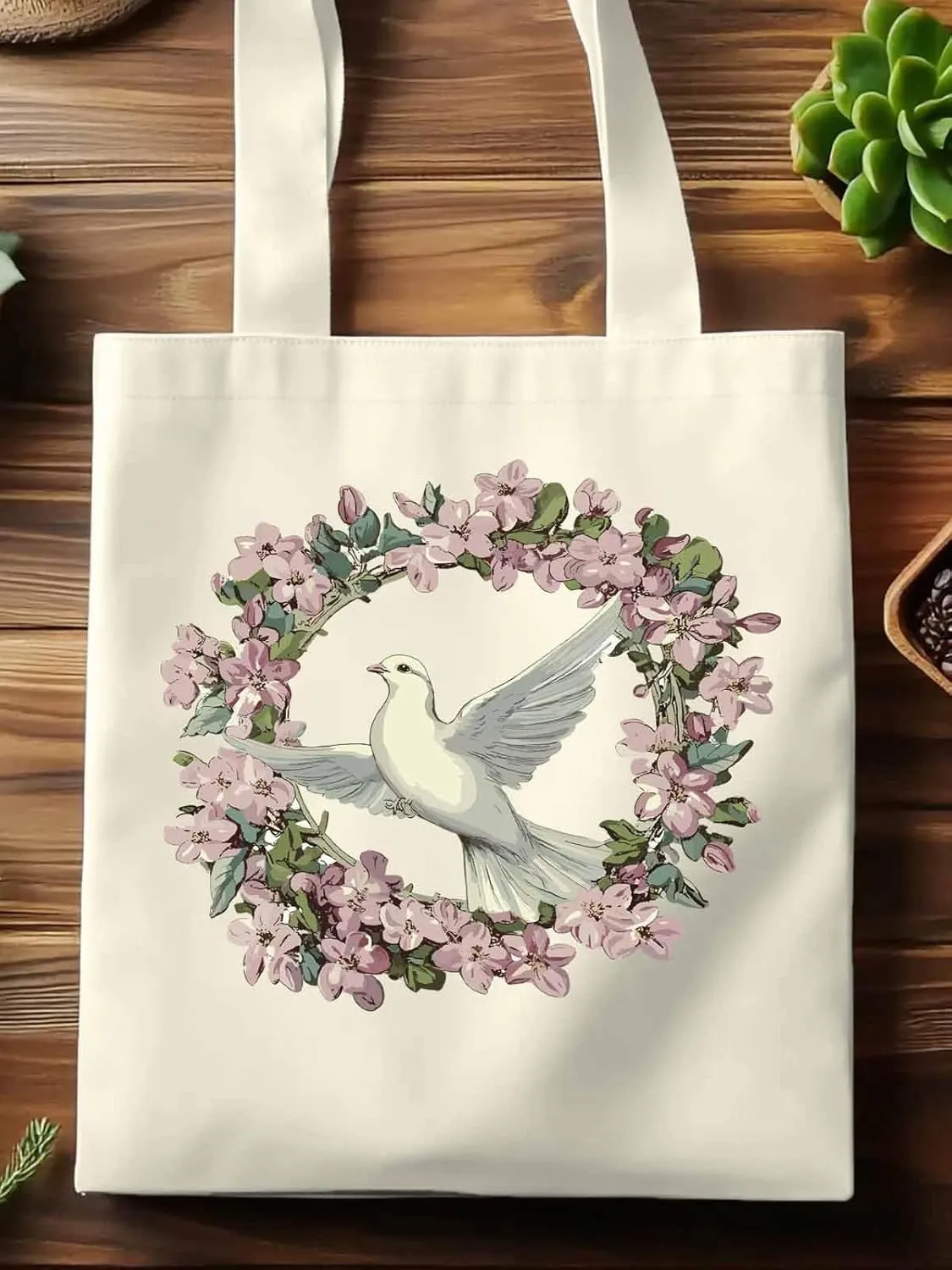 Canvas Tote Bag, Watercolors Garland Pigeons Aesthetic Canvas Tote Handbags for Women Shoulder Bag