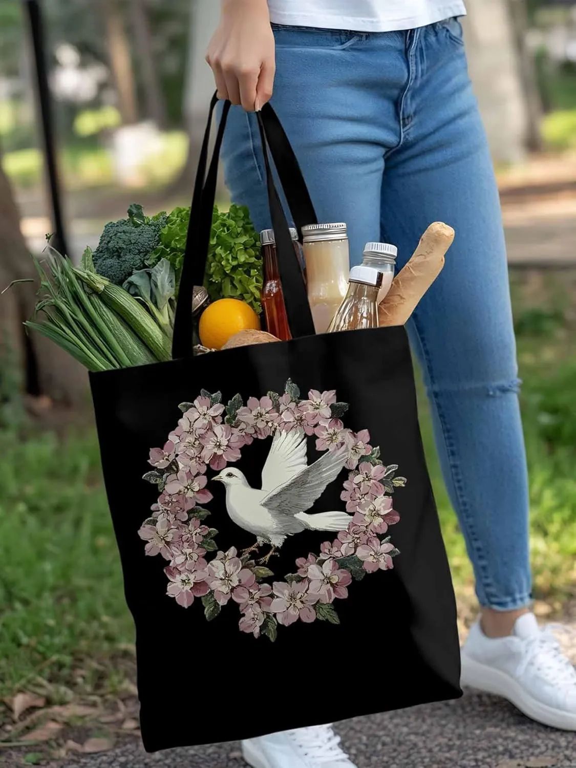 Canvas Tote Bag, Watercolors Pigeons Garland Aesthetic Canvas Tote Handbags for Women Shoulder Bag
