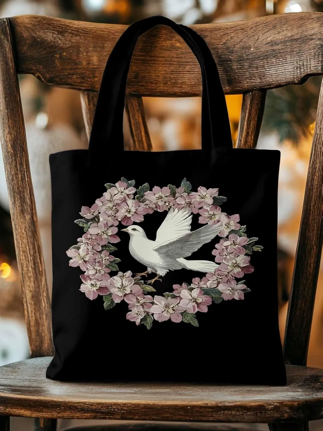 Canvas Tote Bag, Watercolors Pigeons Garland Aesthetic Canvas Tote Handbags for Women Shoulder Bag
