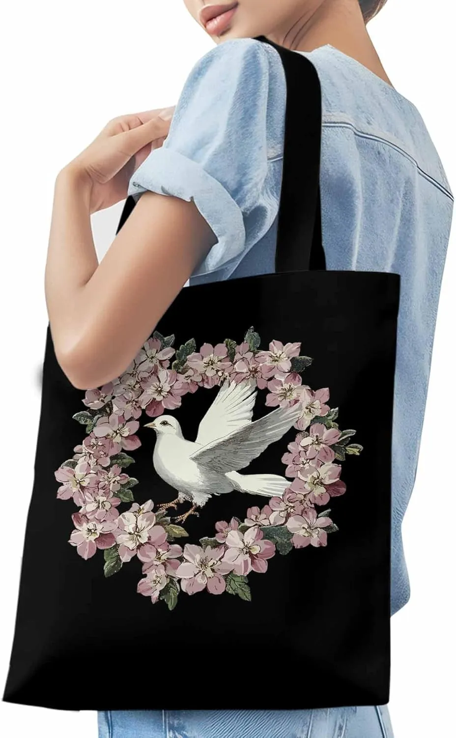 Canvas Tote Bag, Watercolors Pigeons Garland Aesthetic Canvas Tote Handbags for Women Shoulder Bag