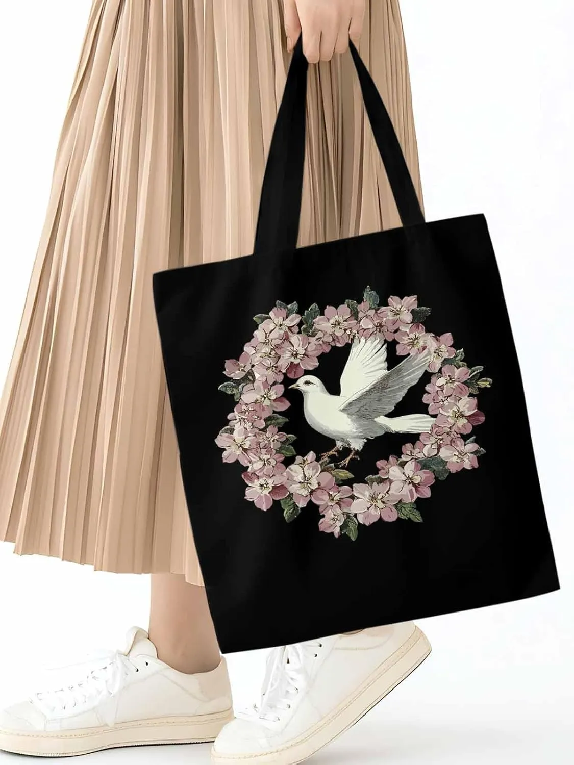 Canvas Tote Bag, Watercolors Pigeons Garland Aesthetic Canvas Tote Handbags for Women Shoulder Bag