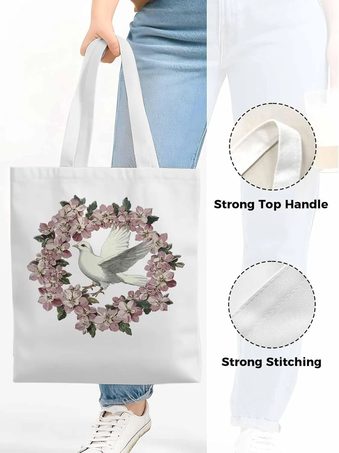 Canvas Tote Bag, Watercolors Pigeons Garland Aesthetic Canvas Tote Handbags for Women Shoulder Bag