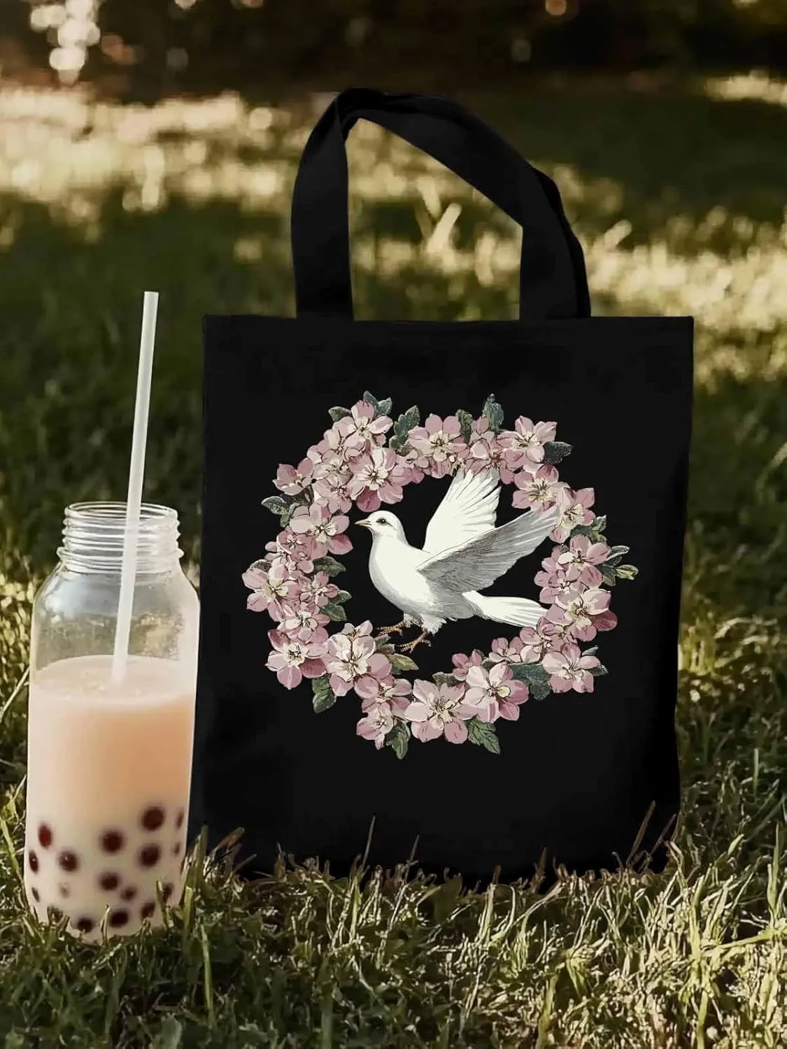 Canvas Tote Bag, Watercolors Pigeons Garland Aesthetic Canvas Tote Handbags for Women Shoulder Bag