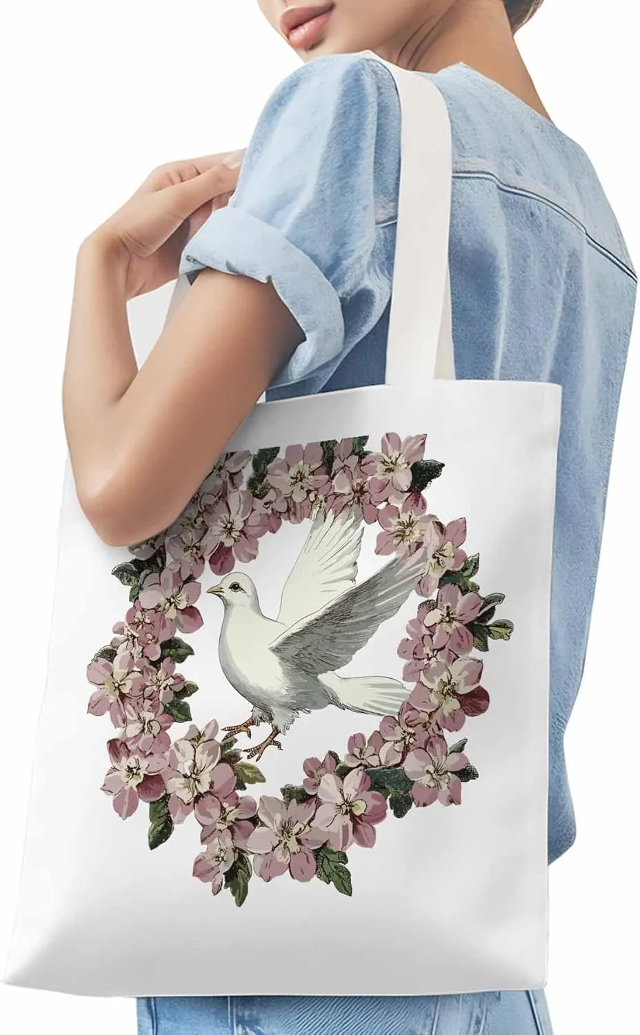 Canvas Tote Bag, Watercolors Pigeons Garland Aesthetic Canvas Tote Handbags for Women Shoulder Bag