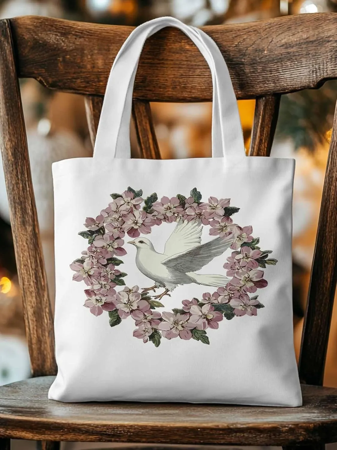 Canvas Tote Bag, Watercolors Pigeons Garland Aesthetic Canvas Tote Handbags for Women Shoulder Bag