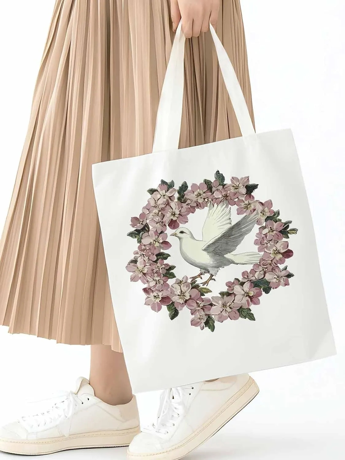 Canvas Tote Bag, Watercolors Pigeons Garland Aesthetic Canvas Tote Handbags for Women Shoulder Bag