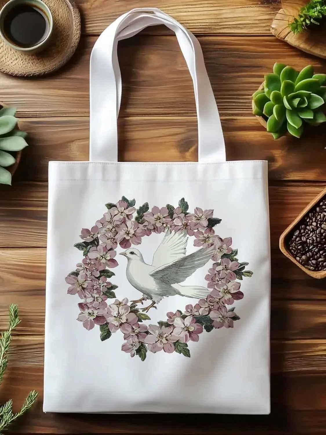 Canvas Tote Bag, Watercolors Pigeons Garland Aesthetic Canvas Tote Handbags for Women Shoulder Bag