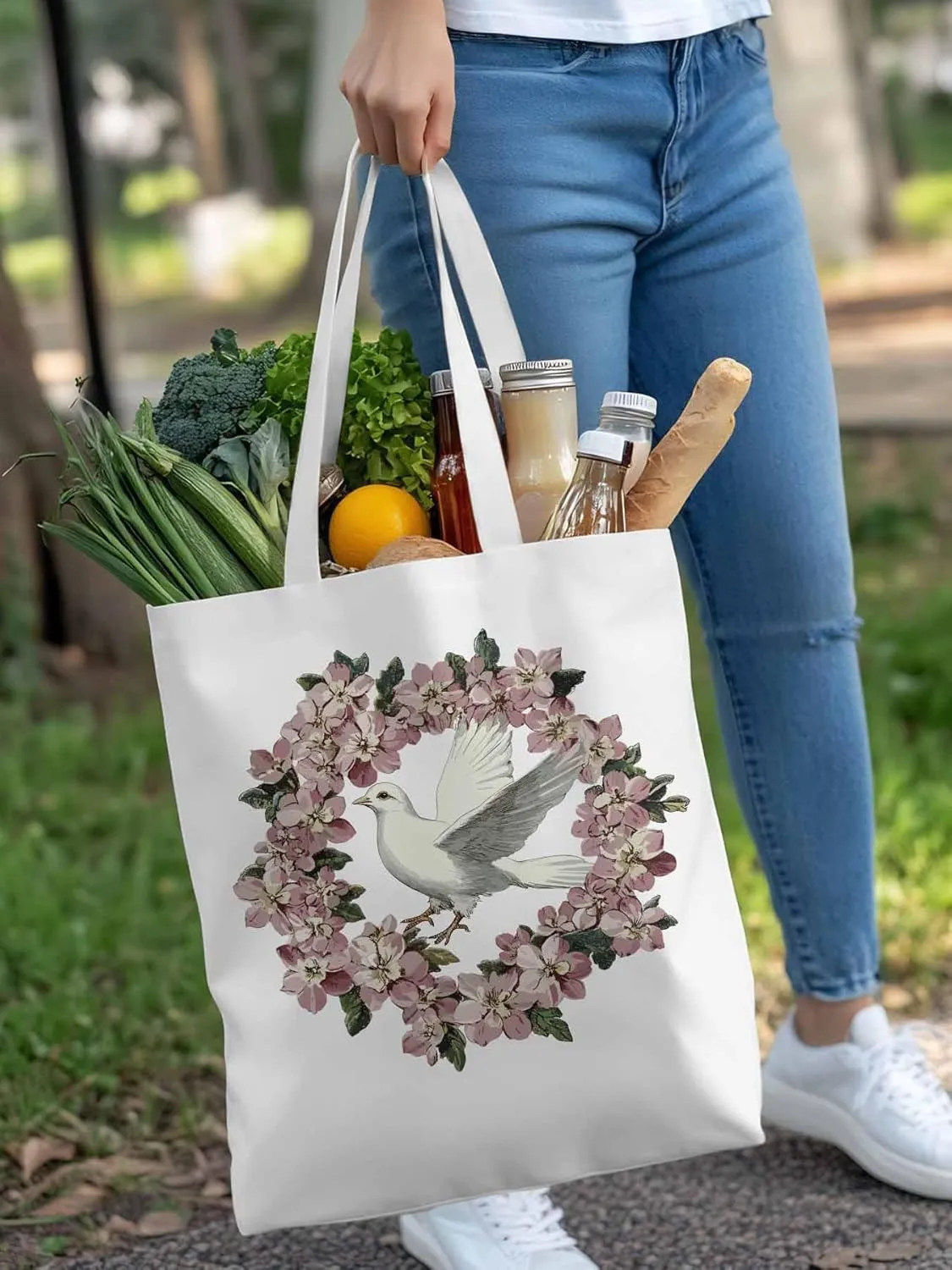 Canvas Tote Bag, Watercolors Pigeons Garland Aesthetic Canvas Tote Handbags for Women Shoulder Bag