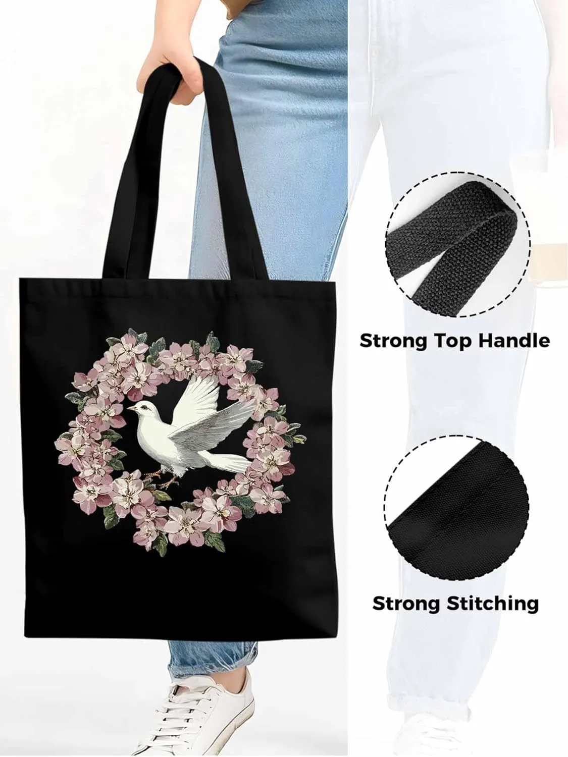 Canvas Tote Bag, Watercolors Pigeons Garland Aesthetic Canvas Tote Handbags for Women Shoulder Bag