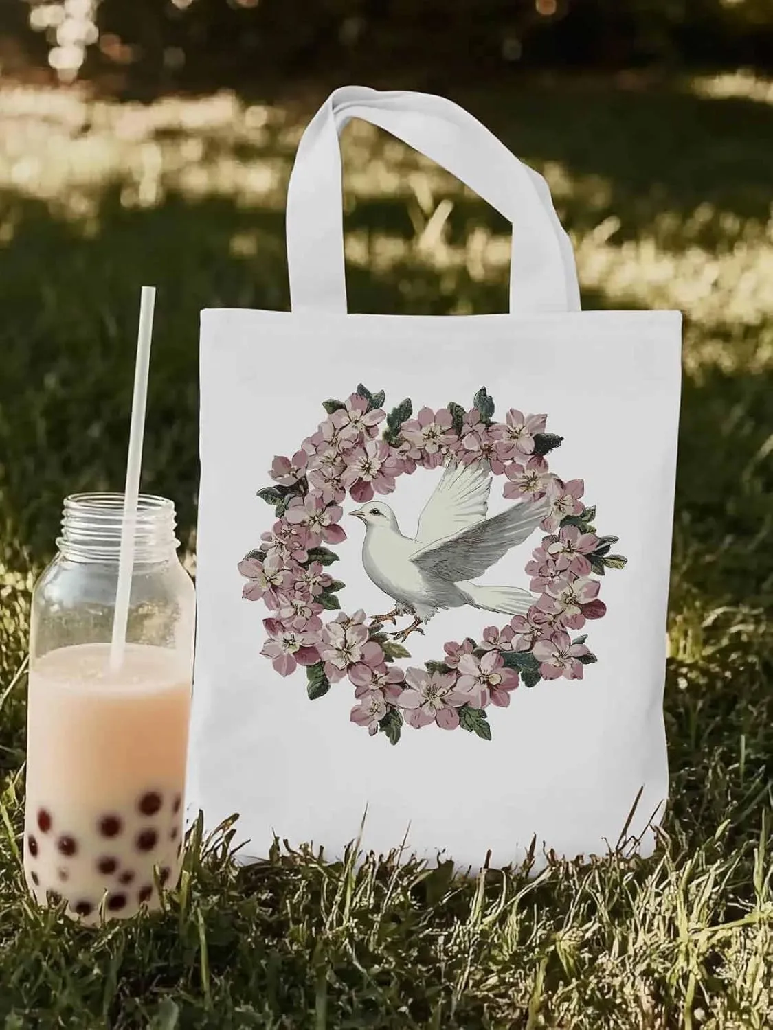 Canvas Tote Bag, Watercolors Pigeons Garland Aesthetic Canvas Tote Handbags for Women Shoulder Bag