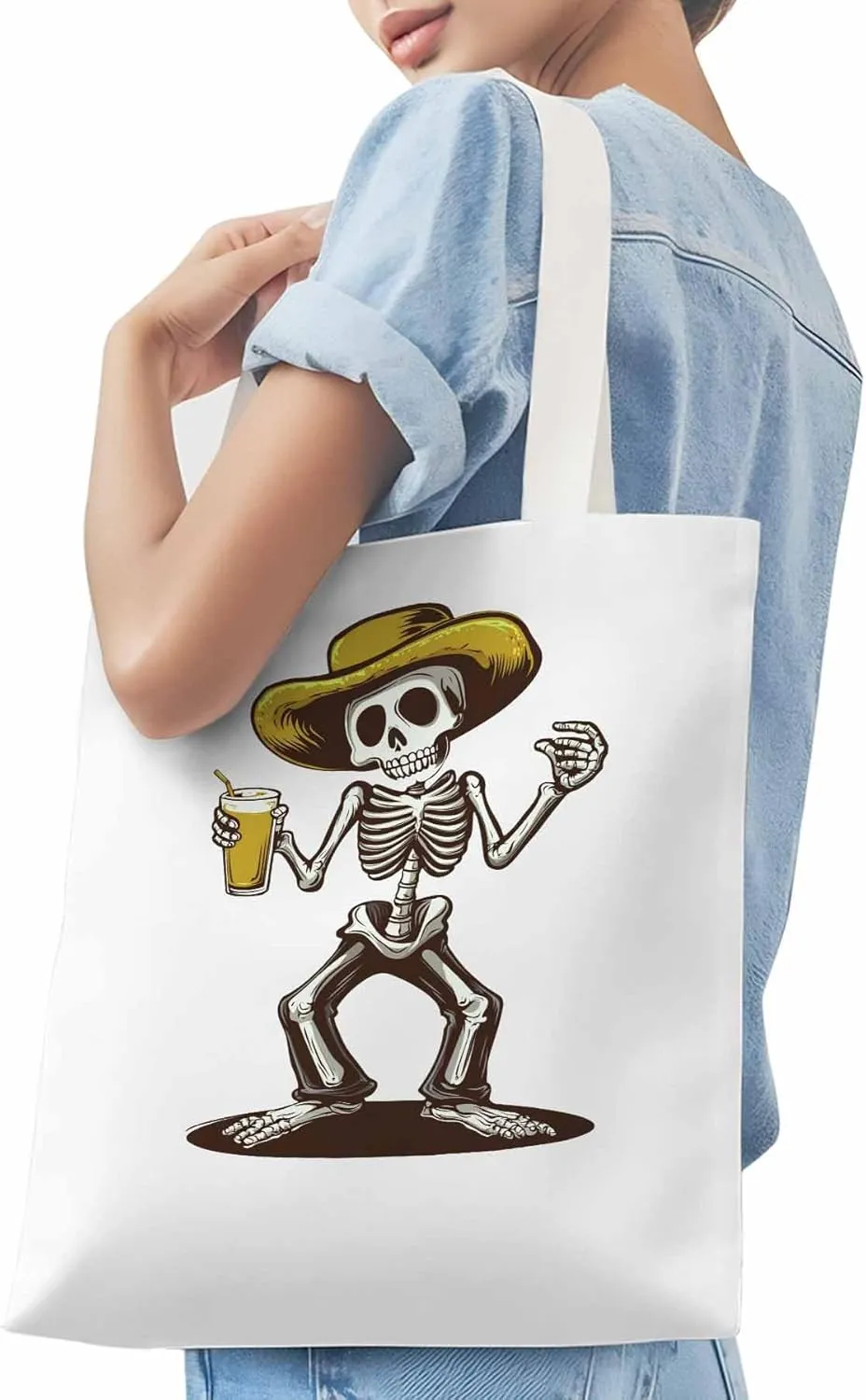 Canvas Tote Bag, Western Skeleton Aesthetic Canvas Tote Handbags for Women Shoulder Bag,