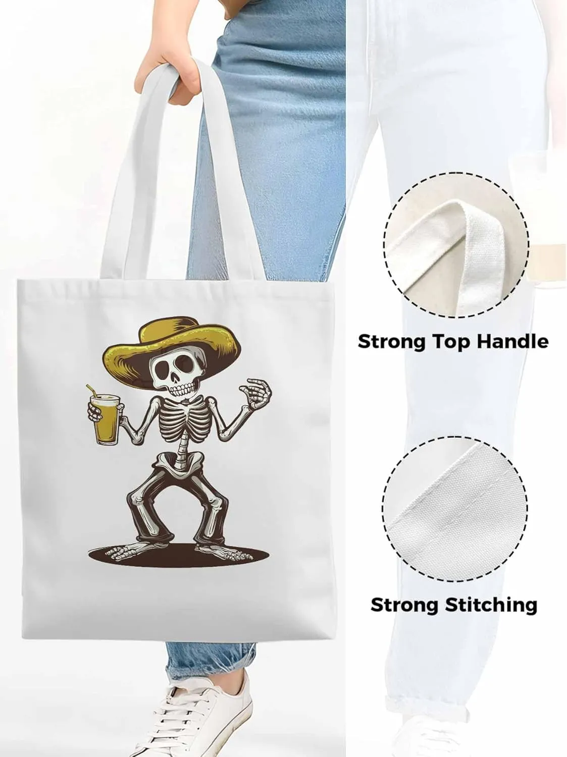 Canvas Tote Bag, Western Skeleton Aesthetic Canvas Tote Handbags for Women Shoulder Bag,