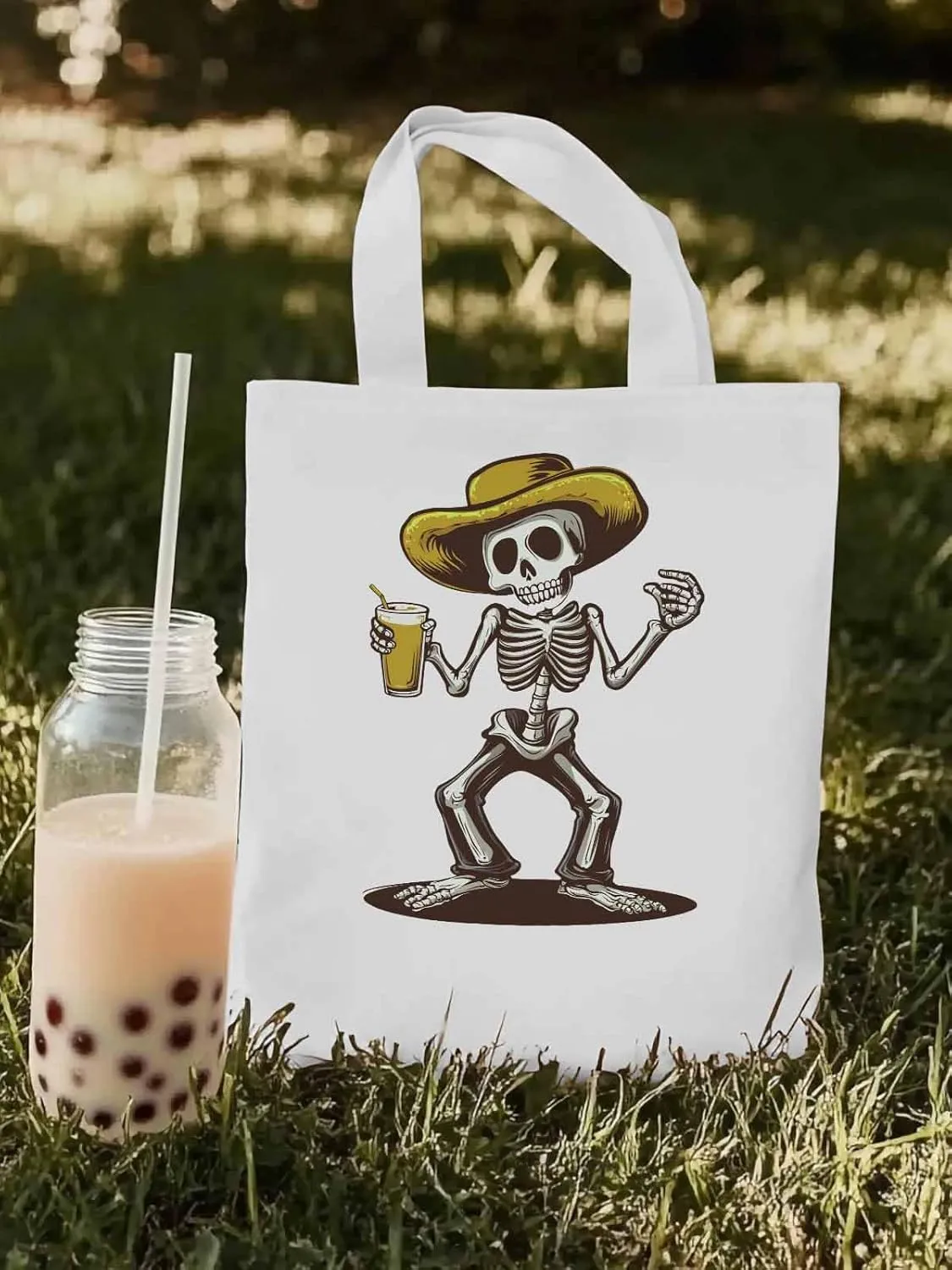 Canvas Tote Bag, Western Skeleton Aesthetic Canvas Tote Handbags for Women Shoulder Bag,