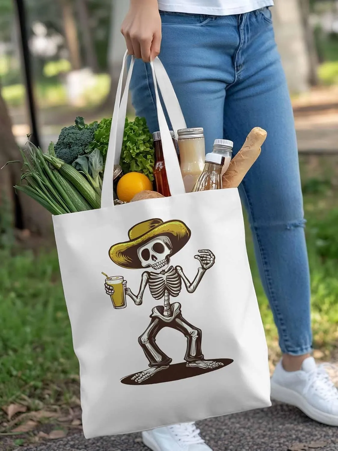 Canvas Tote Bag, Western Skeleton Aesthetic Canvas Tote Handbags for Women Shoulder Bag,