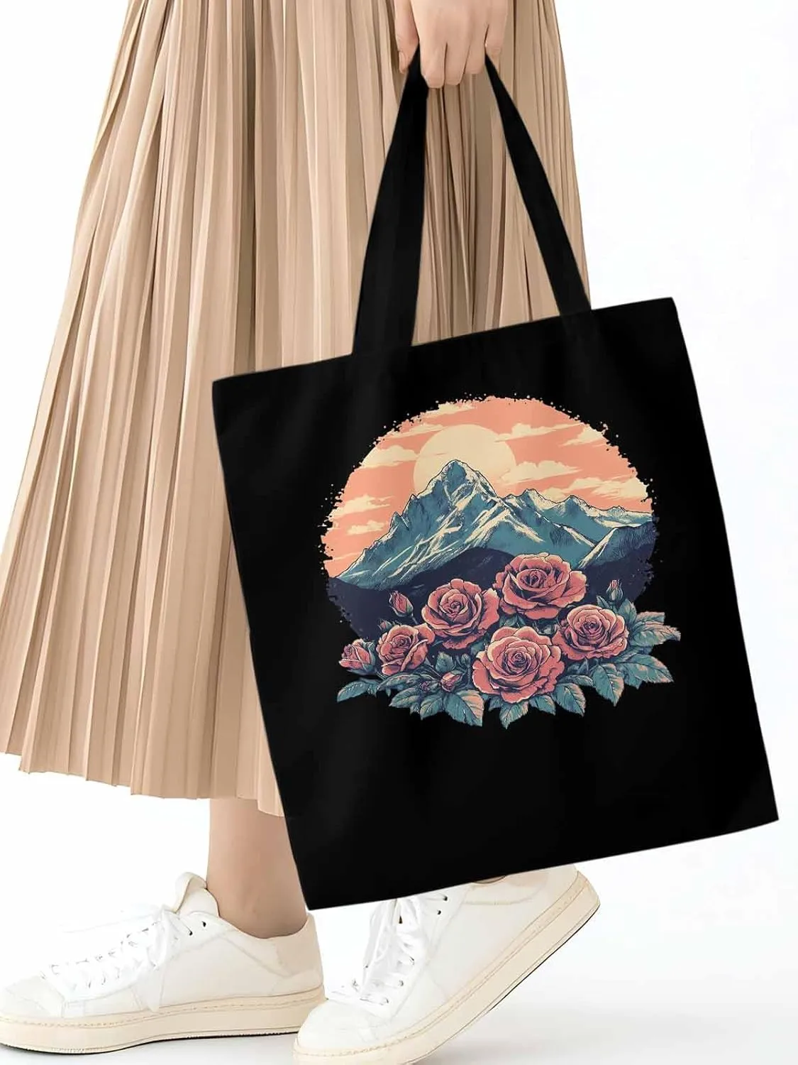 Canvas Tote Bag, Western Vintage Mountain Wildflower patterned Canvas Tote Handbags for Women Shoulder Bag,
