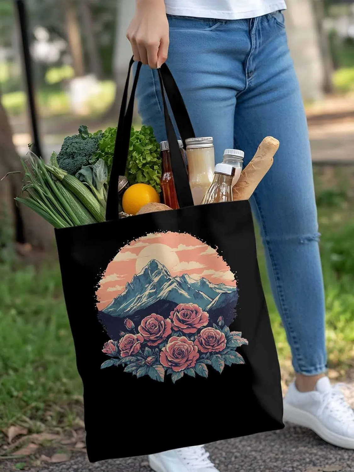 Canvas Tote Bag, Western Vintage Mountain Wildflower patterned Canvas Tote Handbags for Women Shoulder Bag,