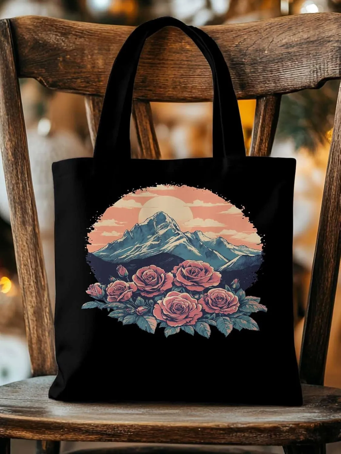 Canvas Tote Bag, Western Vintage Mountain Wildflower patterned Canvas Tote Handbags for Women Shoulder Bag,