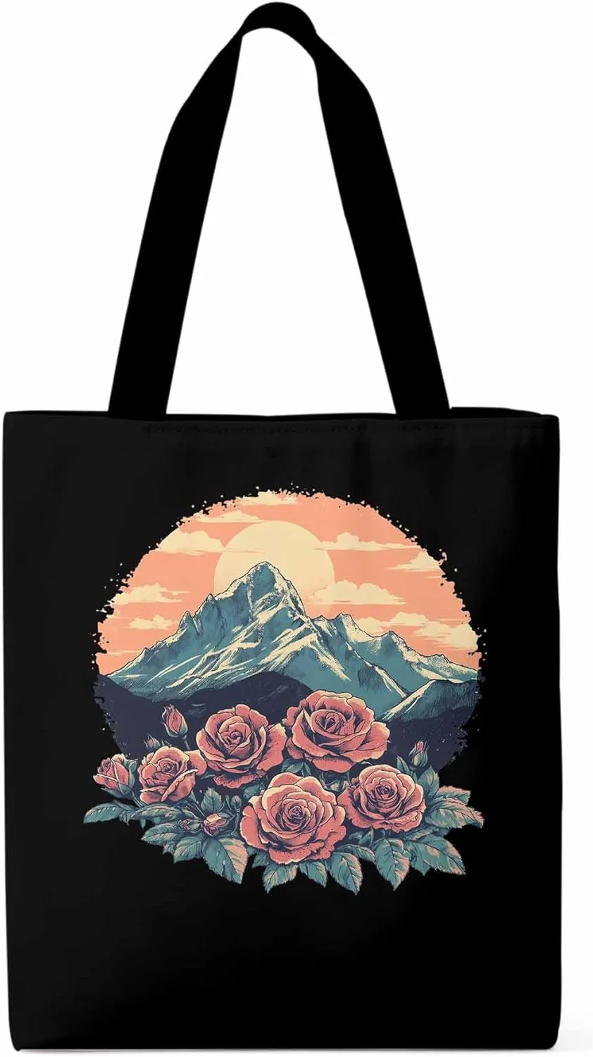 Canvas Tote Bag, Western Vintage Mountain Wildflower patterned Canvas Tote Handbags for Women Shoulder Bag,
