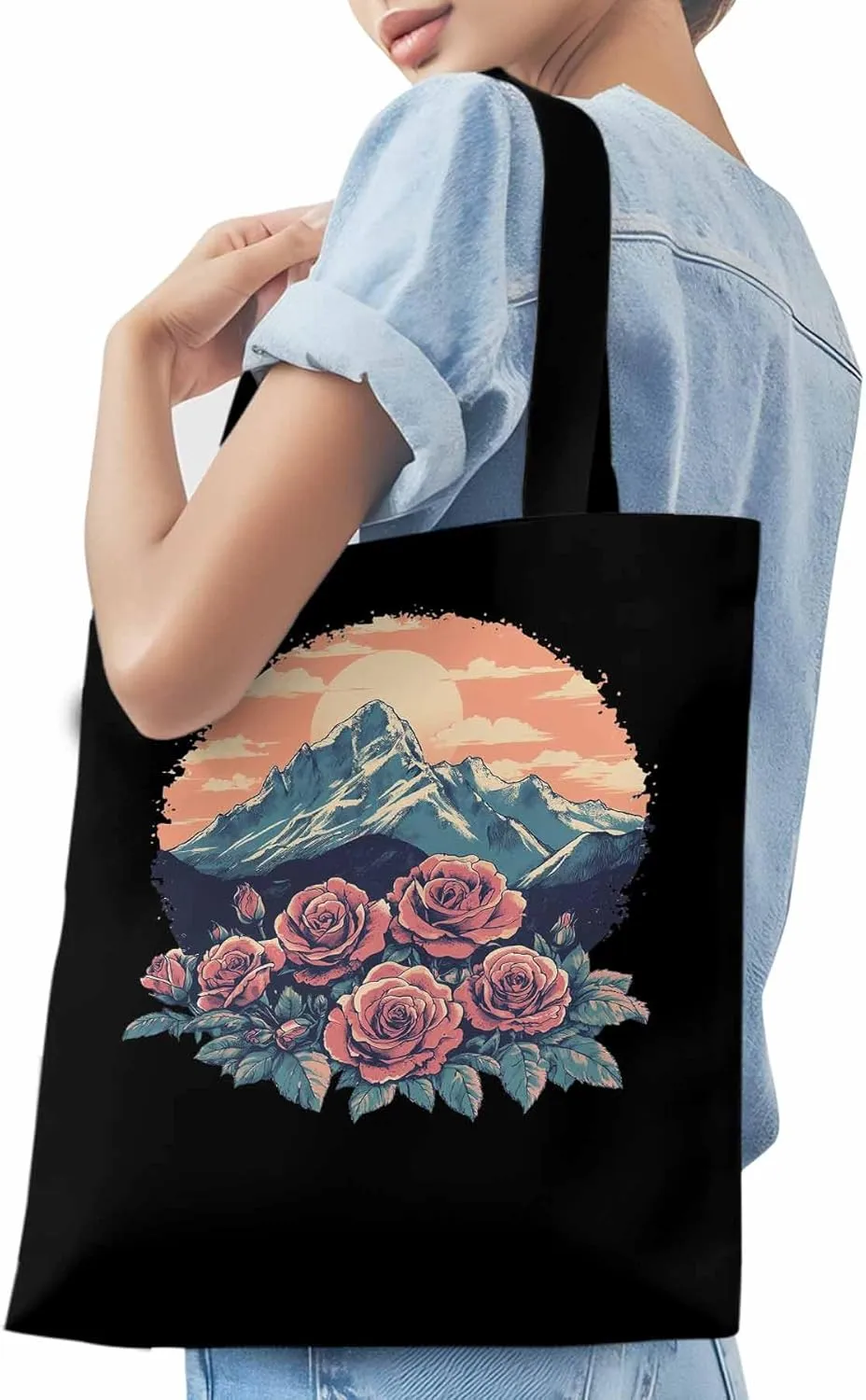 Canvas Tote Bag, Western Vintage Mountain Wildflower patterned Canvas Tote Handbags for Women Shoulder Bag,