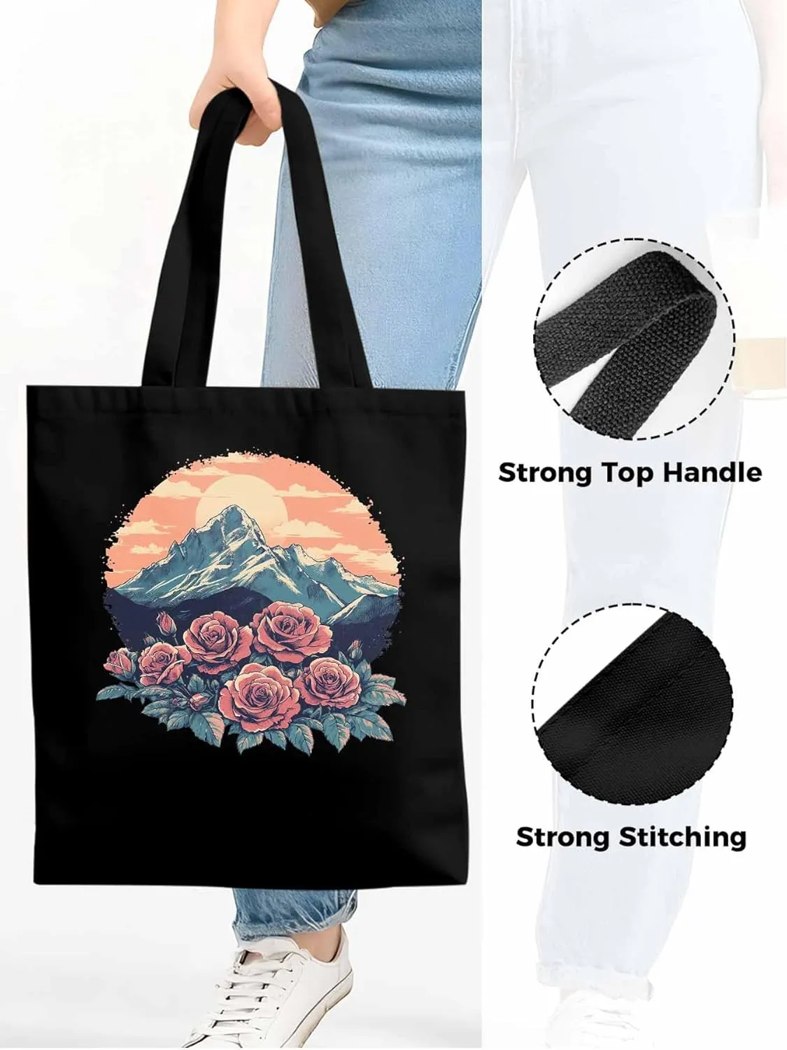 Canvas Tote Bag, Western Vintage Mountain Wildflower patterned Canvas Tote Handbags for Women Shoulder Bag,