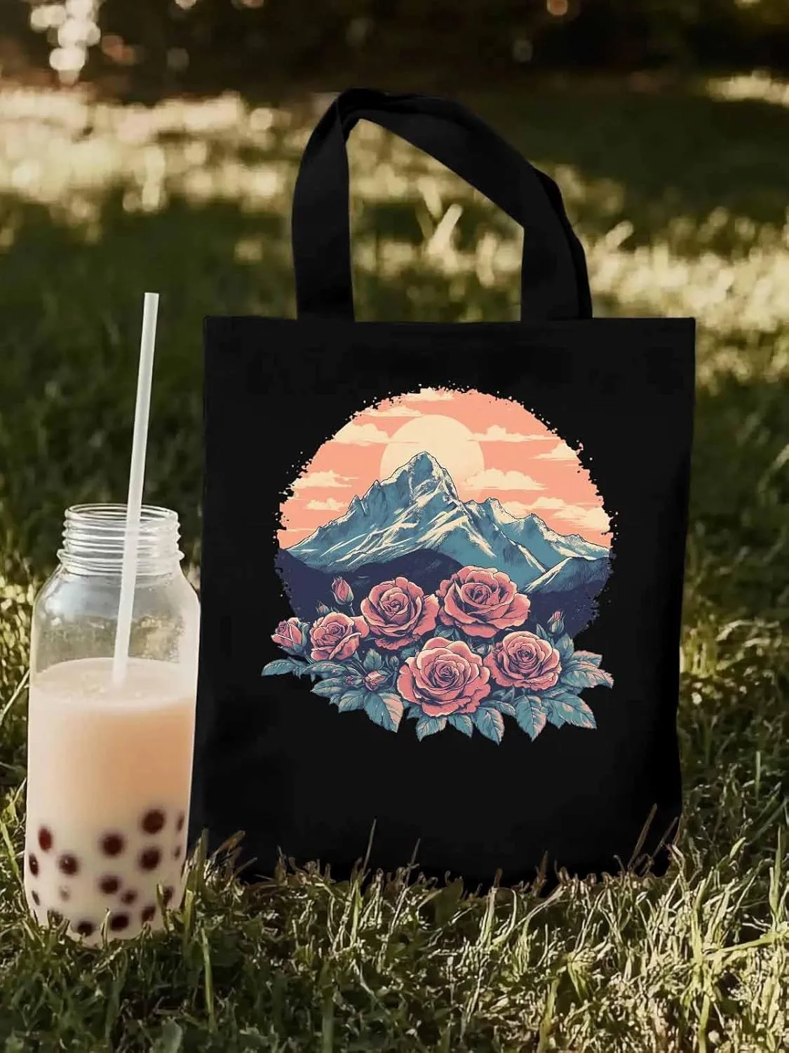 Canvas Tote Bag, Western Vintage Mountain Wildflower patterned Canvas Tote Handbags for Women Shoulder Bag,
