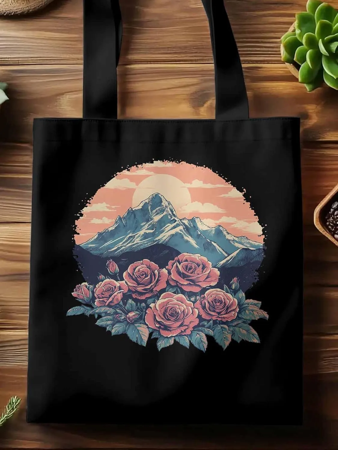Canvas Tote Bag, Western Vintage Mountain Wildflower patterned Canvas Tote Handbags for Women Shoulder Bag,