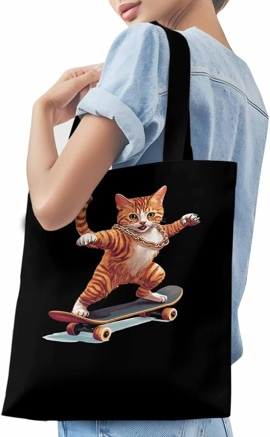 Canvas Tote Bag, Yellow Cat Skateboarding Aesthetic Canvas Tote Handbags for Women Shoulder Bag