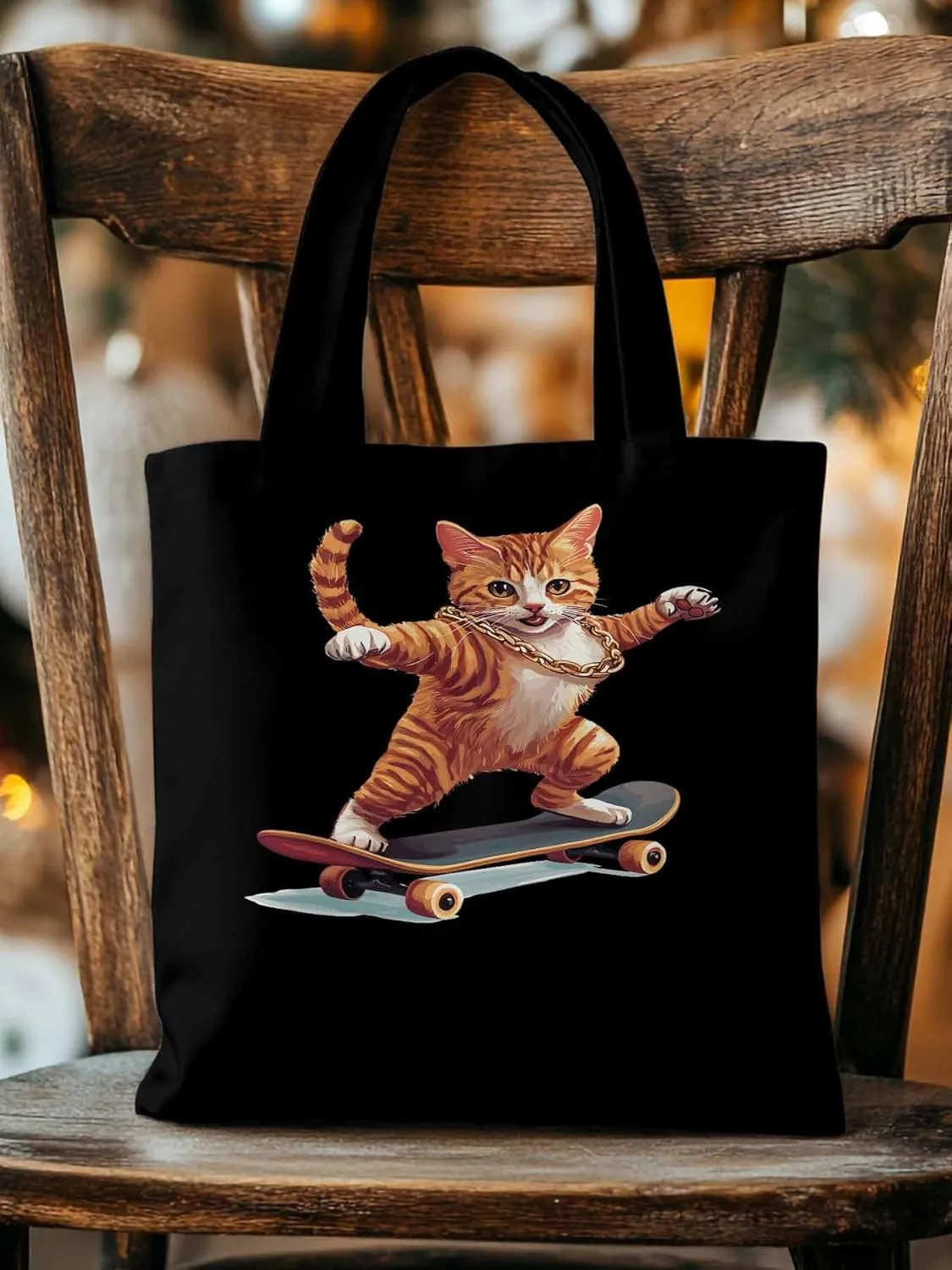 Canvas Tote Bag, Yellow Cat Skateboarding Aesthetic Canvas Tote Handbags for Women Shoulder Bag