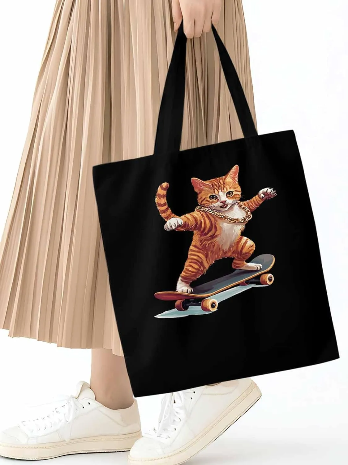 Canvas Tote Bag, Yellow Cat Skateboarding Aesthetic Canvas Tote Handbags for Women Shoulder Bag