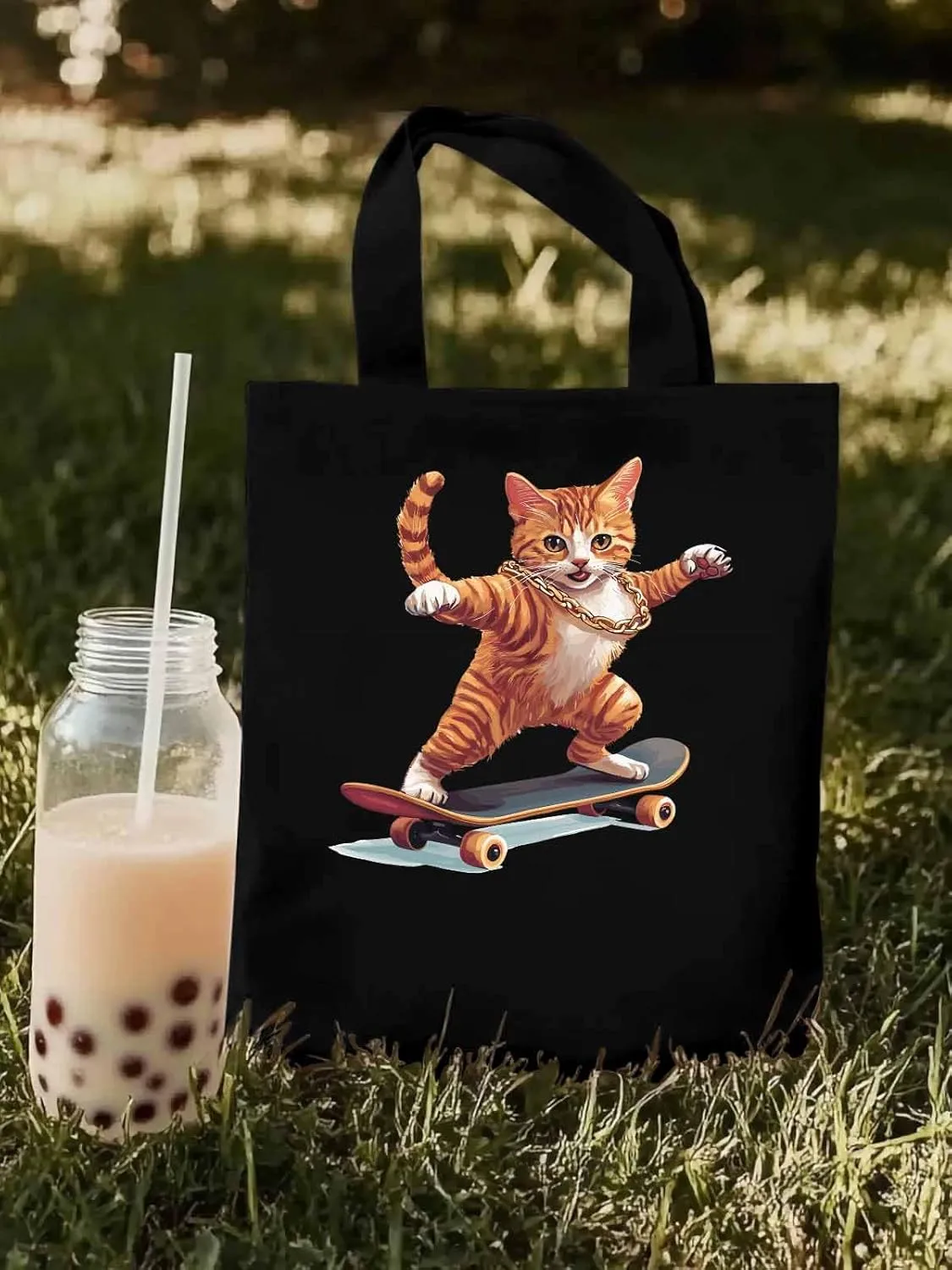 Canvas Tote Bag, Yellow Cat Skateboarding Aesthetic Canvas Tote Handbags for Women Shoulder Bag