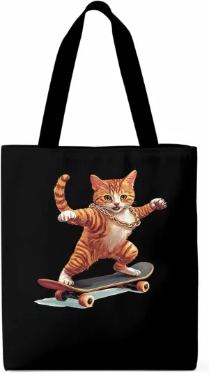 Canvas Tote Bag, Yellow Cat Skateboarding Aesthetic Canvas Tote Handbags for Women Shoulder Bag