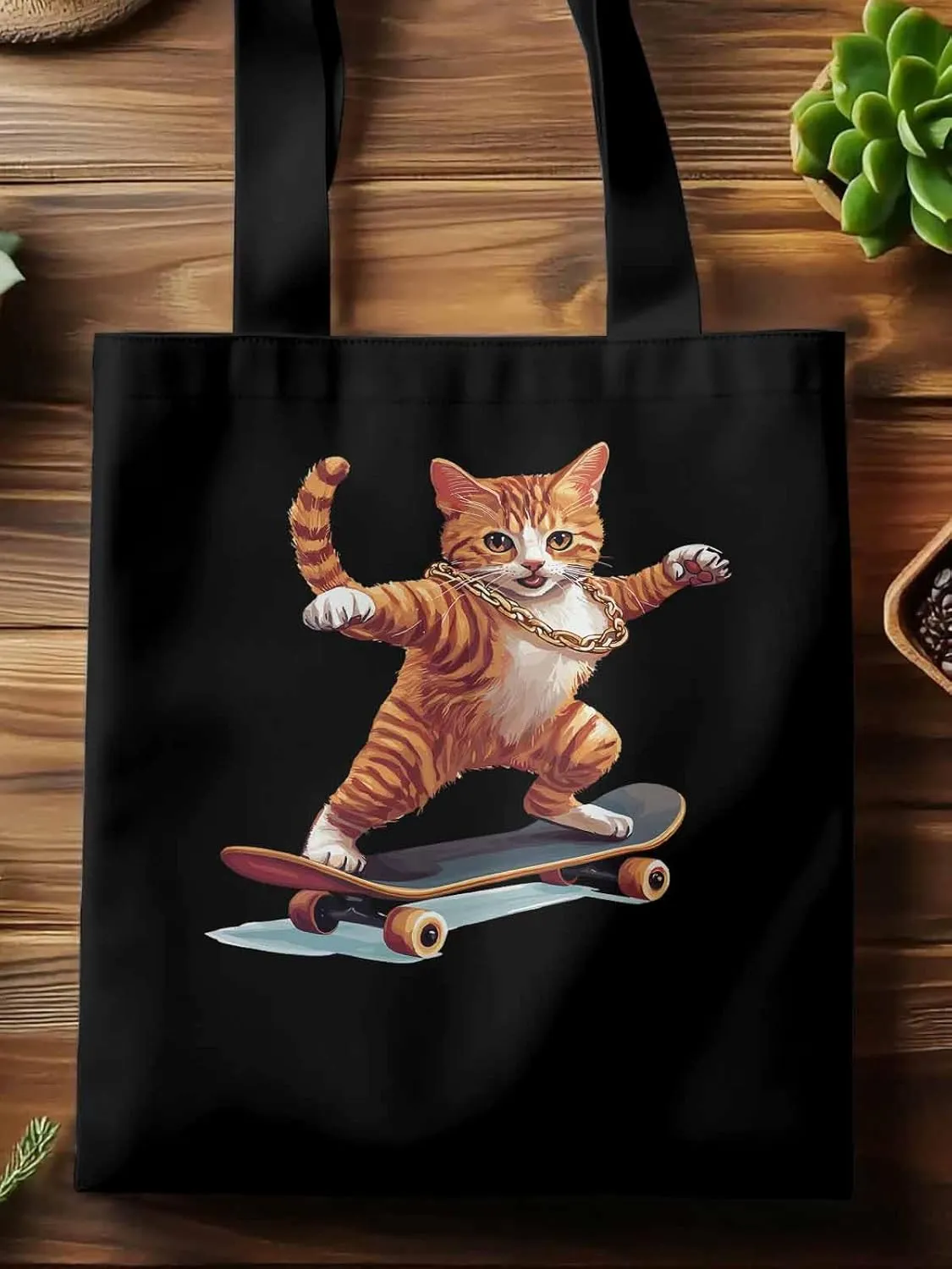 Canvas Tote Bag, Yellow Cat Skateboarding Aesthetic Canvas Tote Handbags for Women Shoulder Bag