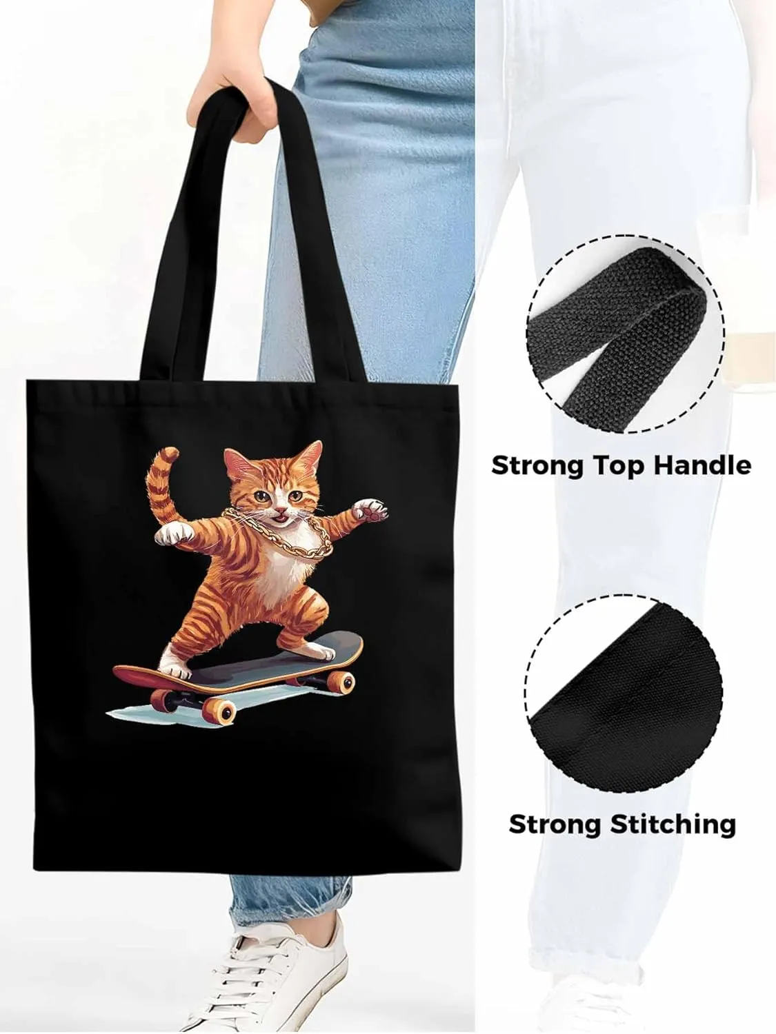 Canvas Tote Bag, Yellow Cat Skateboarding Aesthetic Canvas Tote Handbags for Women Shoulder Bag