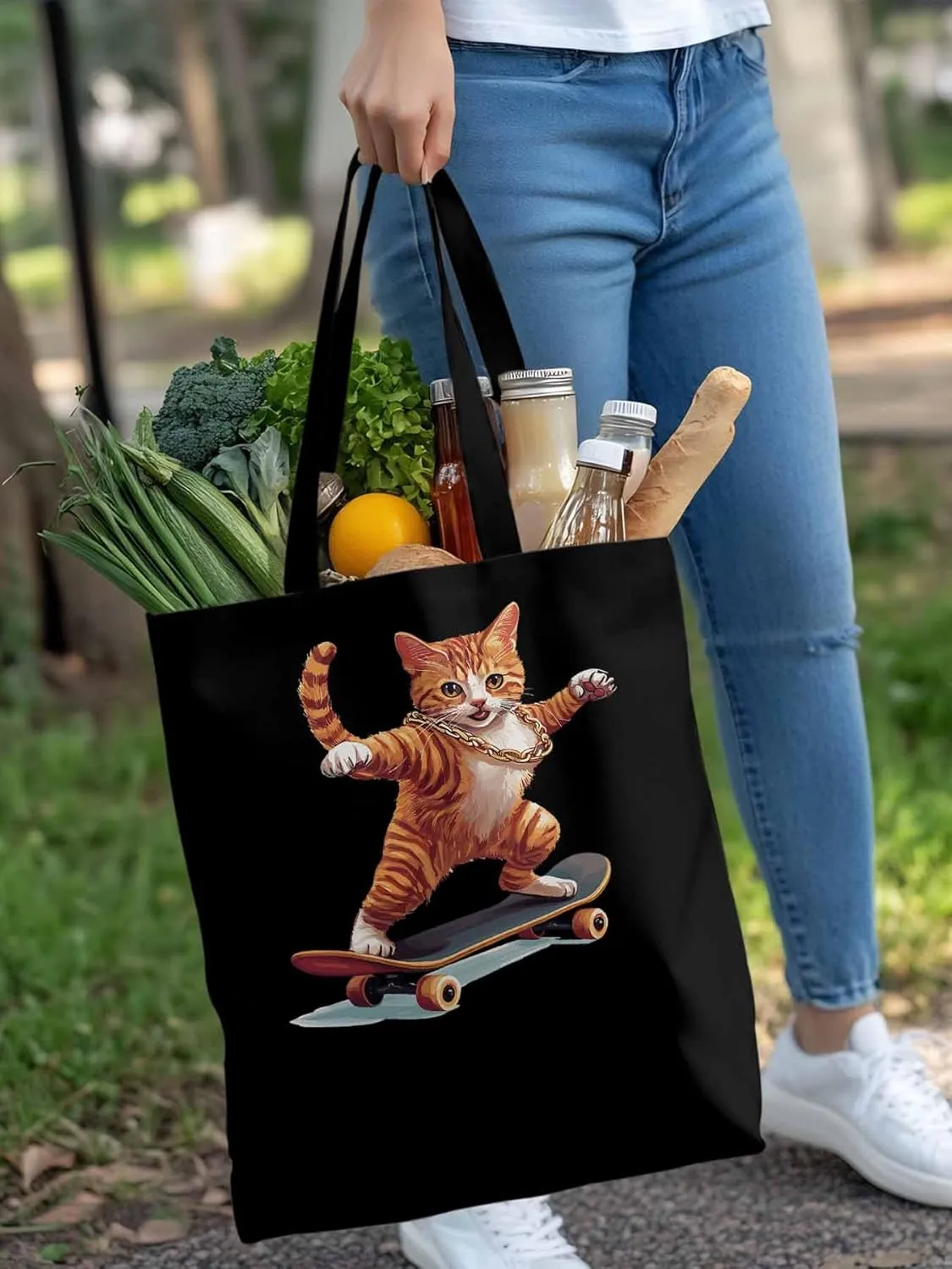 Canvas Tote Bag, Yellow Cat Skateboarding Aesthetic Canvas Tote Handbags for Women Shoulder Bag