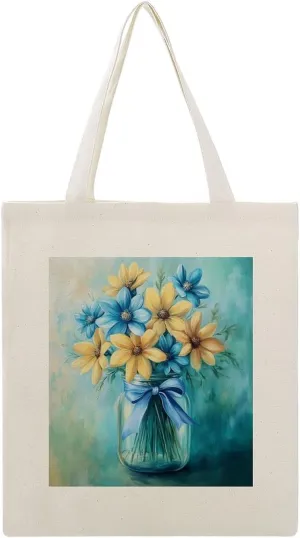 Canvas Tote Bag,Blue Yellow Flowers in Jar with Ribbon Handbags for Women Shoulder Bag