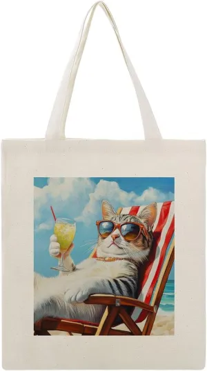 Canvas Tote Bag,Cat Wearing Sunglasses on Beach Chair Handbags for Women Shoulder Bag