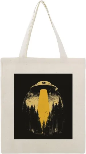 Canvas Tote Bag,Vintage Spacecraft on Forest Handbags for Women Shoulder Bag