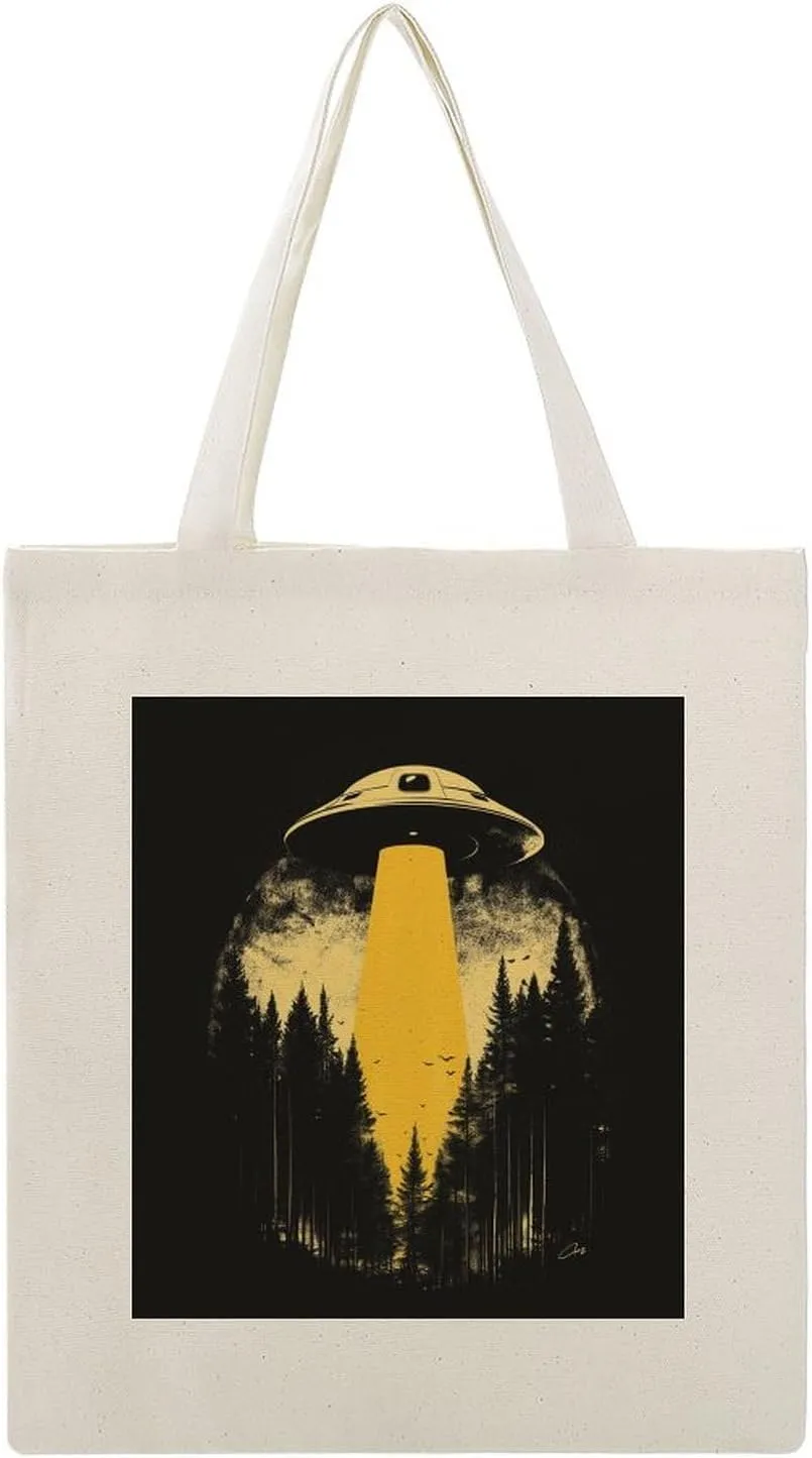 Canvas Tote Bag,Vintage Spacecraft on Forest Handbags for Women Shoulder Bag