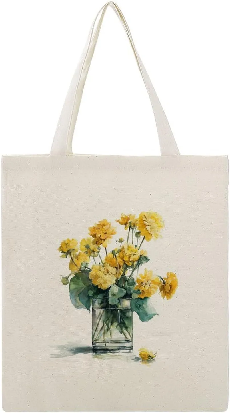Canvas Tote Bag,Watercolor Yellow Flowers in A Glass Vase Handbags for Women Shoulder Bag