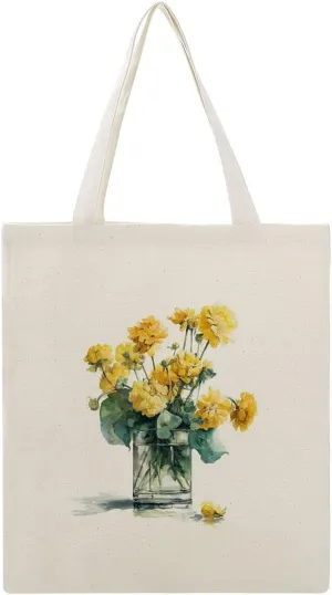 Canvas Tote Bag,Watercolor Yellow Flowers in A Glass Vase Handbags for Women Shoulder Bag