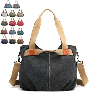 Canvas Tote Bag,Women Casual Shoulder Bag Vintage Multiple Pockets Handbags Satchel Bag for Shopping Hiking Travel and Work