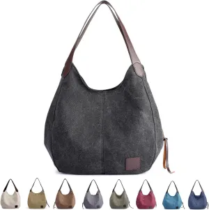 Canvas Tote Bag,Women Casual Shoulder Bag Vintage Multiple Pockets Handbags Satchel Bag for Shopping Hiking Travel and Work